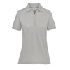 A women's polo shirt in light grey with a collar, short sleeves, and a logo on the side.