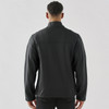 A black men's softshell jacket with a high collar, featuring a logo on the back.