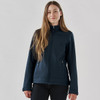 A navy softshell jacket for women with a zippered front and two side pockets. It features a branding logo.