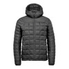 A black puffer jacket with a hood, featuring a quilted pattern and a full zip closure. It has a logo on it.