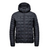 A puffer jacket in black, featuring a hood and a quilted design, with a zip closure and branding.