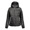 A women's puffer jacket in black, featuring a hood and a quilted pattern. It has a front zip and a logo on the side.