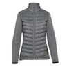 A grey women's softshell jacket featuring a quilted design and high collar, with a zippered front and branding.