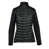 A women's softshell jacket in black, featuring a quilted front and smooth sleeves. It has a zip closure and a high collar.