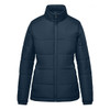 A women's puffer jacket in navy blue, featuring a zip-up front and high collar. It has a logo on it.