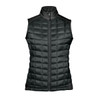 A black thermal softshell vest with a quilted design and a high collar, featuring a front zipper and no sleeves.