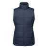 A navy women's thermal vest with a zip front, featuring a high collar and padded design. It has a branding logo.