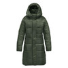 A women's puffer jacket in olive green with a hood, featuring a quilted design and a knee-length cut. 