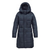 A women's puffer jacket in navy blue with a hood and a quilted design. It features a logo on the breast.