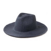 A navy blue straw hat with a wide brim and a slightly tapered crown, featuring a logo on the side.