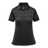 A women's two-tone polo shirt in black, featuring a collared neckline and short sleeves. It includes a logo.