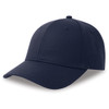 A navy cap made from recycled and organic cotton, featuring a structured design and a logo on the front.