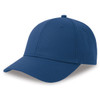 A blue cap made from recycled and organic cotton, featuring a logo on the front.