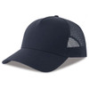 A navy trucker cap featuring mesh detailing and a curved brim. Includes a logo on the front.