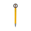A yellow pen with a tire-shaped top and silver tip, featuring a logo on the body.