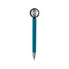 A teal pen with a fidget spinner shaped like a tire at the top, featuring a chrome detail and a silver point.