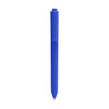 A blue triangular grip pen with a smooth finish and a clip on the side. It features a logo on its body.