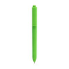 A triangular grip pen in bright green with a clip and a black ink tip.