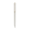 A triangular grip pen in white with a clip at the top and a ballpoint tip at the bottom.