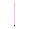 A pink pencil with a sleek design and a metallic trim at the top. It features a logo on the body.