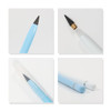 A collection of pencils in light blue and white, featuring various tips and designs, including a gold accent.