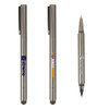 A metallic silver 2-in-1 pencil with a logo, featuring a pen tip on one end and a pencil on the other.
