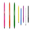 A set of double-ended pencils and ballpoint pens in various colours including pink, green, orange, yellow, purple, and black.