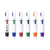 A set of six carabiner pens in white, featuring various coloured buttons and clips. Each pen includes a logo.