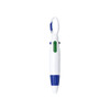 A white pen with blue and green accents, featuring a carabiner attachment for easy carrying.