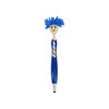 A blue pen featuring a cheerful character with a fluffy blue head and a striped tie. It has a logo on the side.