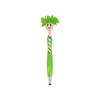 A green pen with a smiling character head and fuzzy green hair. It features a striped tie and has a logo.