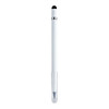A white 3 in 1 pencil with a stylus tip, black detail, and a transparent cap. Features a branding logo.