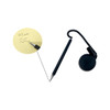 A black fixed signature pen with a coiled cord, attached to a round base, beside a note with handwritten text.