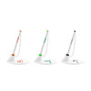 A promotional pen set features three fixed signature pens in orange, green, and black, each mounted on a white stand.