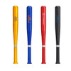 A set of four plastic baseball bat shape pens in yellow, blue, red, and black, each with a logo.