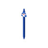 A blue pen with a shark-shaped top and a logo on the barrel.