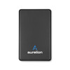 A solid state power bank in black with a blue logo on the front.