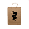 A brown paper show bag featuring a black snake design and a logo. The bag has two handles for carrying.
