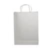 A plain white paper bag with handles and a flat base, featuring a simple design and an included logo.