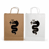 Two paper show bags, one in brown and one in white, both featuring a black snake logo.
