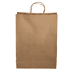 A brown paper shopping bag with handles, featuring a plain surface and rectangular shape.