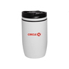A drink bottle in white with a black lid and a logo on the front.