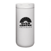 A drink bottle in white with a black logo, featuring a sleek vacuum design. Ideal for keeping beverages at temperature.