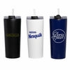Three vacuum tumblers in black, white, and navy blue, each with a straw and a logo on the front.