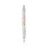 A clear plastic pen with white grip and accents, featuring a logo. The pen has a retractable tip and a fine point.