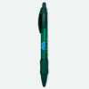 A green plastic pen with a clear barrel and a grip section, featuring a logo.