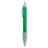 A green plastic pen with a white tip and grip, featuring a logo on the barrel.