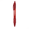 A red plastic pen with a clip and grip section, featuring a logo.