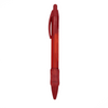 A red plastic pen with a clear barrel and a grip section, featuring a clip and a branding logo.