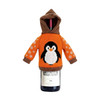 A drink bottle covered with a customisable knitted wine bottle cover featuring a penguin design and a brown hood.